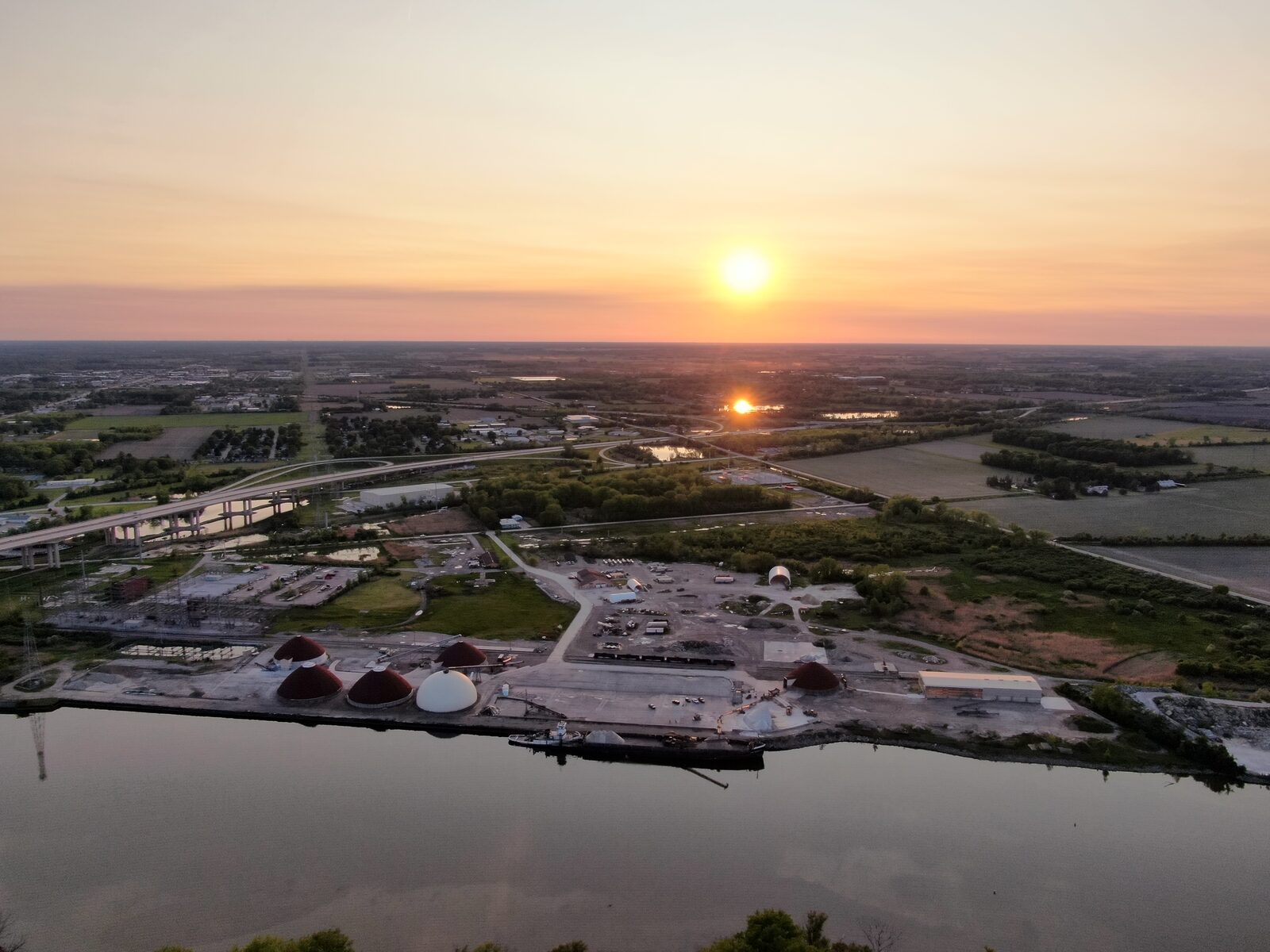 Sunset aerial view of Sargent Docks facility